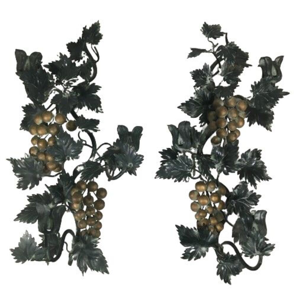Pair Vtg ITALIAN TOLE Metal Candle WALL SCONCE GRAPES LEAVES VINES Candle Holder